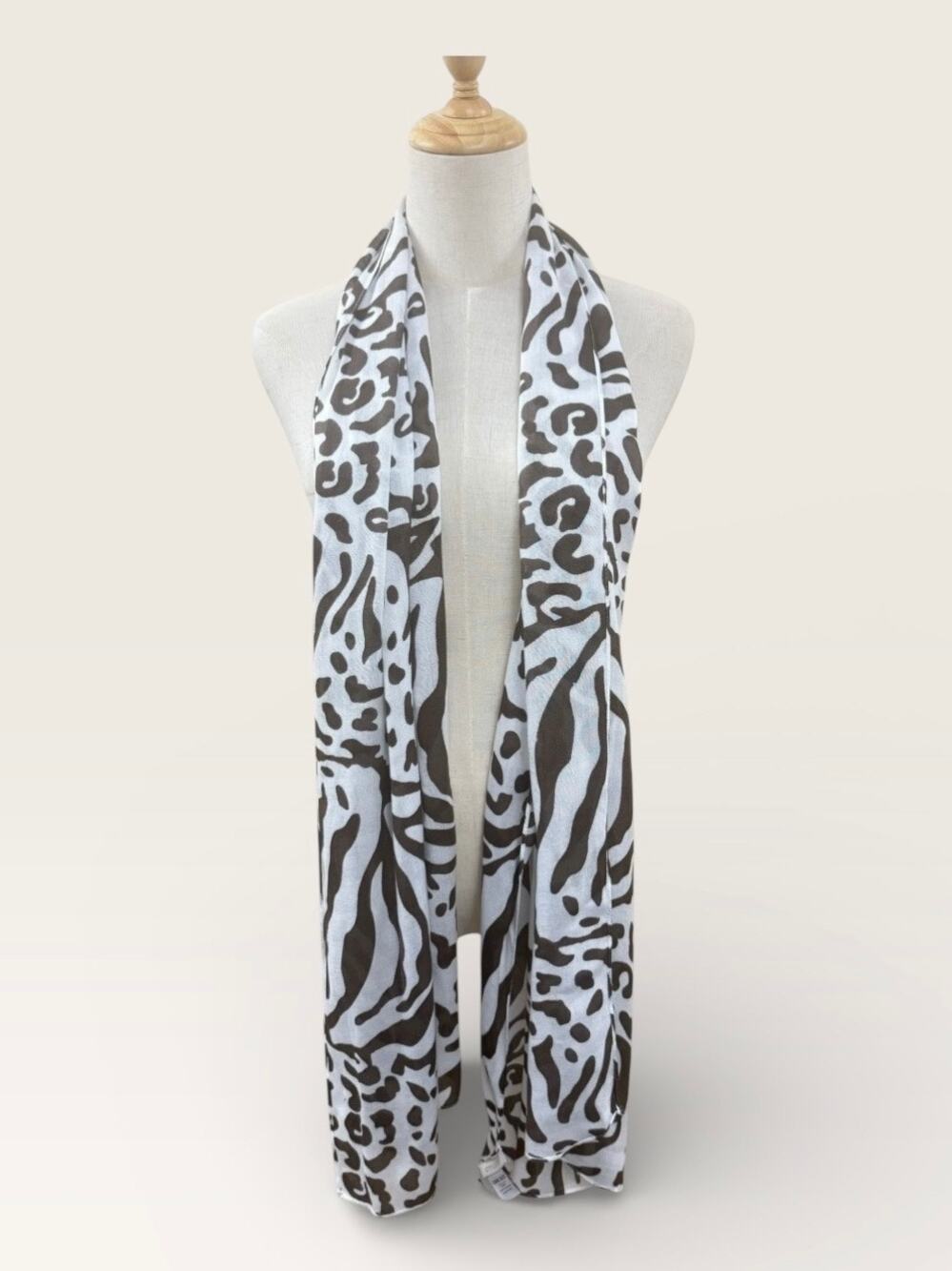 Black and White Stripe and Dot Pattern Scarf with Red Border, 70”